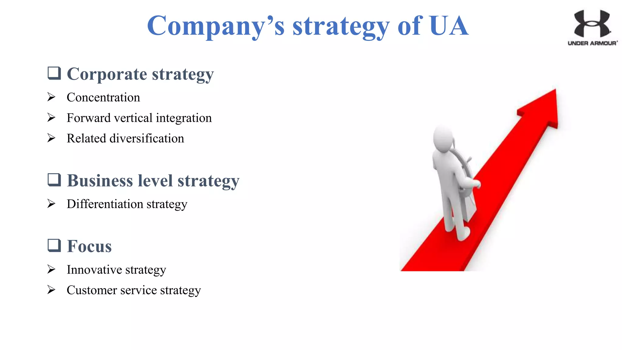 Company’s strategy of UA
 Corporate strategy
 Concentration
 Forward vertical integration
 Related diversification
 Business level strategy
 Differentiation strategy
 Focus
 Innovative strategy
 Customer service strategy
 