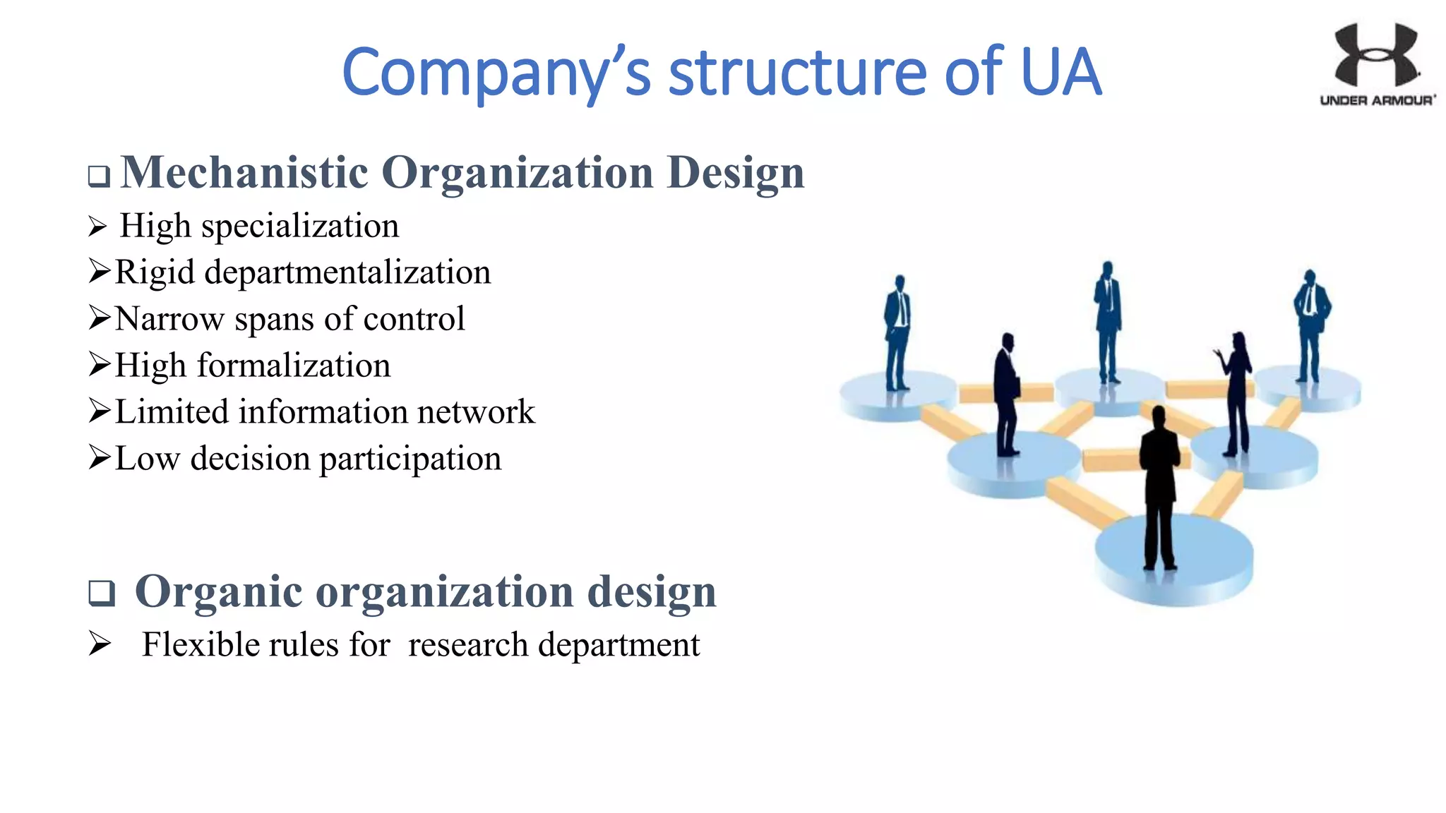 Company’s structure of UA
 Mechanistic Organization Design
 High specialization
Rigid departmentalization
Narrow spans of control
High formalization
Limited information network
Low decision participation
 Organic organization design
 Flexible rules for research department
 