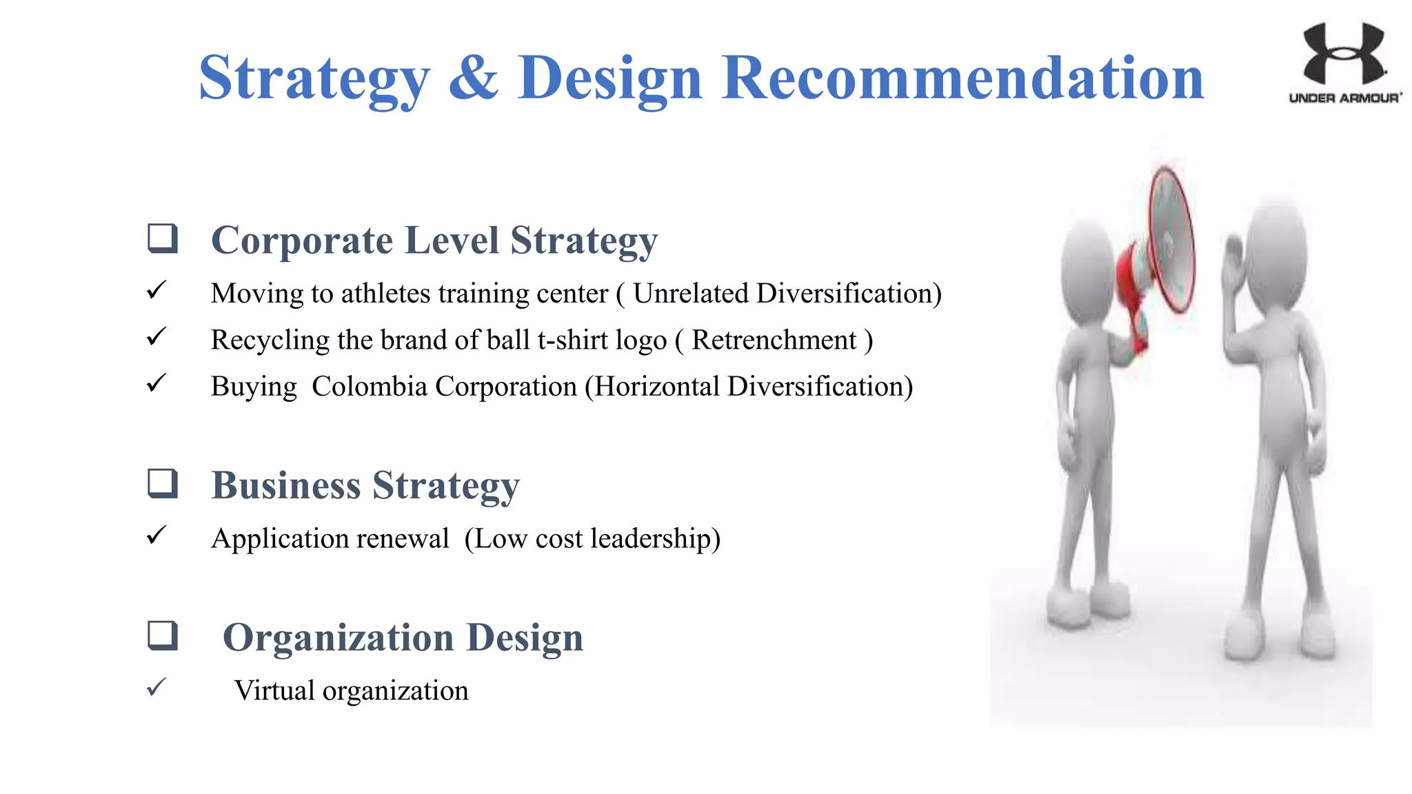 Strategy & Design Recommendation
 Corporate Level Strategy
 Moving to athletes training center ( Unrelated Diversification)
 Recycling the brand of ball t-shirt logo ( Retrenchment )
 Buying Colombia Corporation (Horizontal Diversification)
 Business Strategy
 Application renewal (Low cost leadership)
 Organization Design
 Virtual organization
 