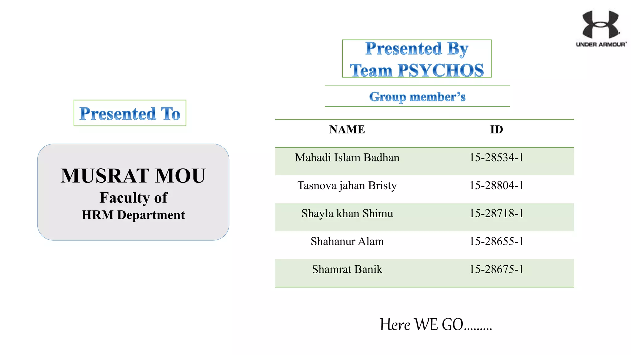 NAME ID
Mahadi Islam Badhan 15-28534-1
Tasnova jahan Bristy 15-28804-1
Shayla khan Shimu 15-28718-1
Shahanur Alam 15-28655-1
Shamrat Banik 15-28675-1
MUSRAT MOU
Faculty of
HRM Department
Here WE GO………
 