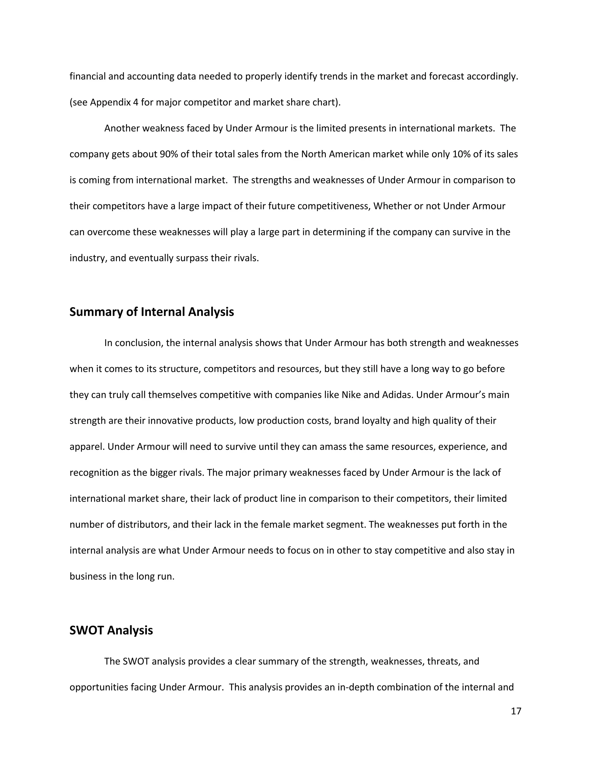 17
financial and accounting data needed to properly identify trends in the market and forecast accordingly.
(see Appendix 4 for major competitor and market share chart).
Another weakness faced by Under Armour is the limited presents in international markets. The
company gets about 90% of their total sales from the North American market while only 10% of its sales
is coming from international market. The strengths and weaknesses of Under Armour in comparison to
their competitors have a large impact of their future competitiveness, Whether or not Under Armour
can overcome these weaknesses will play a large part in determining if the company can survive in the
industry, and eventually surpass their rivals.
Summary of Internal Analysis
In conclusion, the internal analysis shows that Under Armour has both strength and weaknesses
when it comes to its structure, competitors and resources, but they still have a long way to go before
they can truly call themselves competitive with companies like Nike and Adidas. Under Armour’s main
strength are their innovative products, low production costs, brand loyalty and high quality of their
apparel. Under Armour will need to survive until they can amass the same resources, experience, and
recognition as the bigger rivals. The major primary weaknesses faced by Under Armour is the lack of
international market share, their lack of product line in comparison to their competitors, their limited
number of distributors, and their lack in the female market segment. The weaknesses put forth in the
internal analysis are what Under Armour needs to focus on in other to stay competitive and also stay in
business in the long run.
SWOT Analysis
The SWOT analysis provides a clear summary of the strength, weaknesses, threats, and
opportunities facing Under Armour. This analysis provides an in-depth combination of the internal and
 