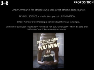 PROPOSITION
Under Armour is for athletes who seek great athletic performance.
PASSION, SCIENCE and relentless pursuit of INNOVATION.
Under Armour’s technology is complex but the value is sample.
Comsumer can wear “HeatGear®” when it’s hot out, “ColdGear®” when it’s cold and
“AllSeasonGear®” between the extremes.
 