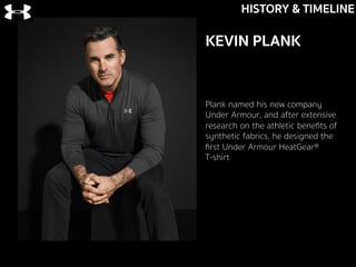 KEVIN PLANK
HISTORY & TIMELINE
Plank named his new company
Under Armour, and after extensive
research on the athletic beneﬁts of
synthetic fabrics, he designed the
ﬁrst Under Armour HeatGear®
T-shirt
 