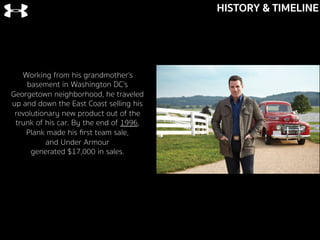 Working from his grandmother's
basement in Washington DC's
Georgetown neighborhood, he traveled
up and down the East Coast selling his
revolutionary new product out of the
trunk of his car. By the end of 1996,
Plank made his ﬁrst team sale,
and Under Armour
generated $17,000 in sales.
	
  
HISTORY & TIMELINE
 
