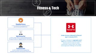 Fitness & Tech
MapMyFitness
In 2013, Under Armour acquired the fitness
goal tracking app MapMyFitness.
Under Armour released its Record
app in January 2015.
The app is designed to aggregate users'
data from a variety of fitness tracking
devices and to create an online
community in which users can follow,
encourage and challenge one another.
MyFitnessPal
In 2015, Under Armour acquired MyFitnessPal.
The app focuses on logging nutrition information.
Endomondo
In 2015, Under Armour acquired the
european personal training app Endomondo.
 