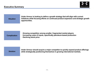 Executive Summary Situation Under Armour is looking to define a growth strategy that will align with current initiatives while focusing efforts on continued product expansion and strategic growth opportunities. Complication Growing competition among smaller, fragmented market players Increasing costs of inputs, specifically petroleum-based production Declining stock price Solution Under Armour should acquire a major competitor to quickly expand product offerings while strategically positioning themselves in growing international markets. 
