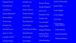 Reaghan Beaver
Chase Bravard
Leah Brown
Nicklas Buchbinder
Breanne Butler
Brody Camp
Miranda Carr
Marshall Carroll
Jacob A. Clark
Courtney Cottrell
Hannah Fleisher
Jeramiah Lacy
Kelly Lake
Katelyn Minton
Melody Mitchell
Griffen Moore
Brea Muzykoski
Jacob Palmer
Erika Pfannenschmidt
Mariah Rhymer
Jared Sarchet
Ryan Settles
Morgan Thomas
Joseph Thompson
Jared Trout
Samantha Tudor
Zachary Ulry
Ciara Westfall
Morgan White
Meagan Whittaker
Makayla Wiley
Chelsey Gockenbach
Kerstin Harris
Renae Higgins
Colton Hughes
Carly Hurst
Victoria Keyse
Alexis Sidwell
Jordan Smotzer
Passion Stoneking
Whitney Strelecky
Taylor Shepler
Grant Shumaker
 