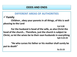 ODDS AND ENDS
DIFFERENT AREAS OF AUTHORITIES
 Family
Children , obey your parents in all things, of this is well
pleasing to the Lord
Col 3:20
For the husband is head of the wife, as also Christ the
head of the church… Therefore, just the church is subject to
Christ, so let the wives be to their own husbands in everything
Eph 5:23-24
“He who curses his father or his mother shall surely be
put to death”
Ex 21:15
 