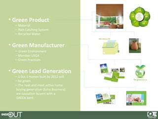 • Green Product
  – Material
  – Rain Catching System
  – Recycled Water


• Green Manufacturer
  – Green Environment
  – Member USGA
  – Green Practices


• Green Lead Generation
  – 1 0ut 3 Homes built by 2012 will
  – be green.
  – The next and most active home
  buying generation (Echo Boomers)
  are causation buyers with a
  GREEN bent.
 