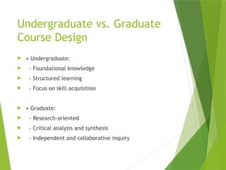 Undergraduate vs. Graduate
Course Design
 • Undergraduate:
 - Foundational knowledge
 - Structured learning
 - Focus on skill acquisition
 • Graduate:
 - Research-oriented
 - Critical analysis and synthesis
 - Independent and collaborative inquiry
 