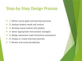 Step-by-Step Design Process
 1. Define course goals and learning outcomes
 2. Analyze student needs and context
 3. Develop course outline and syllabus
 4. Select appropriate instructional strategies
 5. Design assessment tools (formative/summative)
 6. Choose or create learning materials
 7. Review and revise periodically
 