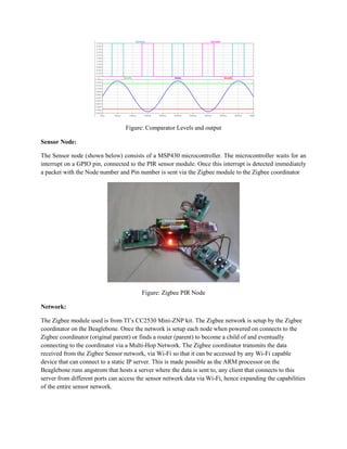 Figure: Comparator Levels and output 
Sensor Node: 
The Sensor node (shown below) consists of a MSP430 microcontroller. The microcontroller waits for an interrupt on a GPIO pin, connected to the PIR sensor module. Once this interrupt is detected immediately a packet with the Node number and Pin number is sent via the Zigbee module to the Zigbee coordinator 
Figure: Zigbee PIR Node 
Network: 
The Zigbee module used is from TI’s CC2530 Mini-ZNP kit. The Zigbee network is setup by the Zigbee coordinator on the Beaglebone. Once the network is setup each node when powered on connects to the Zigbee coordinator (original parent) or finds a router (parent) to become a child of and eventually connecting to the coordinator via a Multi-Hop Network. The Zigbee coordinator transmits the data received from the Zigbee Sensor network, via Wi-Fi so that it can be accessed by any Wi-Fi capable device that can connect to a static IP server. This is made possible as the ARM processor on the Beaglebone runs angstrom that hosts a server where the data is sent to, any client that connects to this server from different ports can access the sensor network data via Wi-Fi, hence expanding the capabilities of the entire sensor network.  