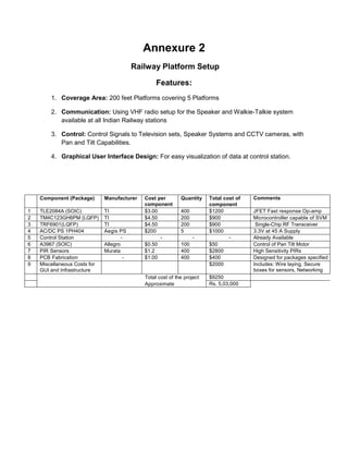 Annexure 2 
Railway Platform Setup 
Features: 
1. Coverage Area: 200 feet Platforms covering 5 Platforms 
2. Communication: Using VHF radio setup for the Speaker and Walkie-Talkie system available at all Indian Railway stations 
3. Control: Control Signals to Television sets, Speaker Systems and CCTV cameras, with Pan and Tilt Capabilities. 
4. Graphical User Interface Design: For easy visualization of data at control station. 
Component (Package) 
Manufacturer 
Cost per 
component 
Quantity 
Total cost of component 
Comments 
1 
TLE2084A (SOIC) 
TI 
$3.00 
400 
$1200 
JFET Fast response Op-amp 
2 
TM4C123GH6PM (LQFP) 
TI 
$4.50 
200 
$900 
Microcontroller capable of SVM 
3 
TRF6901(LQFP) 
TI 
$4.50 
200 
$900 
Single-Chip RF Transceiver 
4 
AC/DC PS 1PH404 
Aegis PS 
$200 
5 
$1000 
3.3V at 45 A Supply 
5 
Control Station 
- 
- 
- 
- 
Already Available 
6 
A3967 (SOIC) 
Allegro 
$0.50 
100 
$50 
Control of Pan Tilt Motor 
7 
PIR Sensors 
Murata 
$1.2 
400 
$2800 
High Sensitivity PIRs 
8 
PCB Fabrication 
- 
$1.00 
400 
$400 
Designed for packages specified 
9 
Miscellaneous Costs for GUI and Infrastructure 
$2000 
Includes: Wire laying, Secure boxes for sensors, Networking 
Total cost of the project 
$9250 
Approximate 
Rs. 5,03,000 
