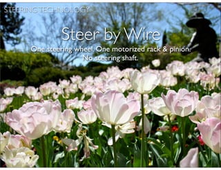 STEERING TECHNOLOGY


              Steer by Wire
     One steering wheel. One motorized rack & pinion.
                    No steering shaft.




                                    
 