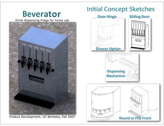 Initial	
  Concept	
  Sketches
                                                   Door	
  Hinge           Sliding	
  Door
   Drink dispensing fridge for home use




                 Miguel'Christophy'
                 Kevin'Lomeli'                   Drawer	
  Option
                 Jahon'Khorsandi'




                                                         Dispensing	
  
                                                         Mechanism




Product Development, UC Berkeley, Fall 2007
                                                                   Round	
  or	
  Flat	
  Front
 