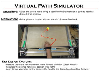 Virtual Path Simulator
 Objective:     Guide the user’s hand along a specified two-dimensional path to reach a
                desired final position.

Motivation:     Guide physical motion without the aid of visual feedback.




Key Design Factors:
  •  easure the user’s free movement in the forward direction (Green Arrows)
   M
  •  alculate the desired horizontal position (Red Path)
   C
  •  pply torque via motor control to move the hand to the desired position (Blue Arrows)
   A
 