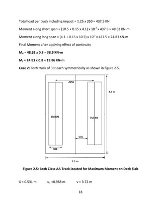 18
Total load per track including impact = 1.25 x 350 = 437.5 KN
Moment along short span = (10.5 + 0.15 x 4.1) x 10-2
x 437.5 = 48.63 KN-m
Moment along long span = (4.1 + 0.15 x 10.5) x 10-2
x 437.5 = 24.83 KN-m
Final Moment after applying effect of continuity
MB = 48.63 x 0.8 = 38.9 KN-m
ML = 24.83 x 0.8 = 19.86 KN-m
Case 2: Both track of 35t each symmetrically as shown in figure 2.5.
Figure 2.5: Both Class AA Track located for Maximum Moment on Deck Slab
X = 0.531 m u1 =0.988 m v = 3.72 m
 