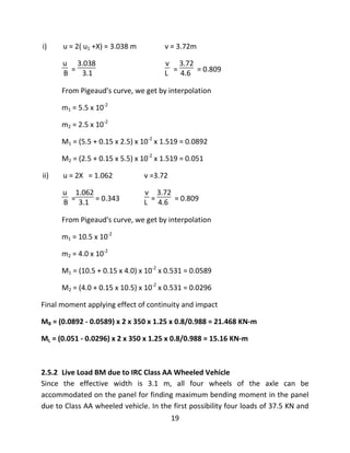 19
i) u = 2( u1 +X) = 3.038 m v = 3.72m
u
B =
3.038
3.1
v
L =
3.72
4.6 = 0.809
From Pigeaud's curve, we get by interpolation
m1 = 5.5 x 10-2
m2 = 2.5 x 10-2
M1 = (5.5 + 0.15 x 2.5) x 10-2
x 1.519 = 0.0892
M2 = (2.5 + 0.15 x 5.5) x 10-2
x 1.519 = 0.051
ii) u = 2X = 1.062 v =3.72
u
B =
1.062
3.1 = 0.343
v
L =
3.72
4.6 = 0.809
From Pigeaud's curve, we get by interpolation
m1 = 10.5 x 10-2
m2 = 4.0 x 10-2
M1 = (10.5 + 0.15 x 4.0) x 10-2
x 0.531 = 0.0589
M2 = (4.0 + 0.15 x 10.5) x 10-2
x 0.531 = 0.0296
Final moment applying effect of continuity and impact
MB = (0.0892 - 0.0589) x 2 x 350 x 1.25 x 0.8/0.988 = 21.468 KN-m
ML = (0.051 - 0.0296) x 2 x 350 x 1.25 x 0.8/0.988 = 15.16 KN-m
2.5.2 Live Load BM due to IRC Class AA Wheeled Vehicle
Since the effective width is 3.1 m, all four wheels of the axle can be
accommodated on the panel for finding maximum bending moment in the panel
due to Class AA wheeled vehicle. In the first possibility four loads of 37.5 KN and
 