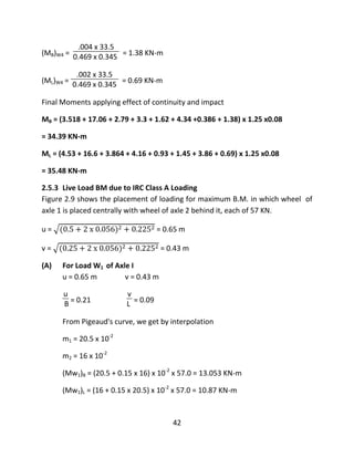 42
(MB)W4 =
.004 x 33.5
0.469 x 0.345 = 1.38 KN-m
(ML)W4 =
.002 x 33.5
0.469 x 0.345 = 0.69 KN-m
Final Moments applying effect of continuity and impact
MB = (3.518 + 17.06 + 2.79 + 3.3 + 1.62 + 4.34 +0.386 + 1.38) x 1.25 x0.08
= 34.39 KN-m
ML = (4.53 + 16.6 + 3.864 + 4.16 + 0.93 + 1.45 + 3.86 + 0.69) x 1.25 x0.08
= 35.48 KN-m
2.5.3 Live Load BM due to IRC Class A Loading
Figure 2.9 shows the placement of loading for maximum B.M. in which wheel of
axle 1 is placed centrally with wheel of axle 2 behind it, each of 57 KN.
u = = 0.65 m
v = = 0.43 m
(A) For Load W1 of Axle I
u = 0.65 m v = 0.43 m
u
B = 0.21
v
L = 0.09
From Pigeaud's curve, we get by interpolation
m1 = 20.5 x 10-2
m2 = 16 x 10-2
(Mw1)B = (20.5 + 0.15 x 16) x 10-2
x 57.0 = 13.053 KN-m
(Mw1)L = (16 + 0.15 x 20.5) x 10-2
x 57.0 = 10.87 KN-m
 