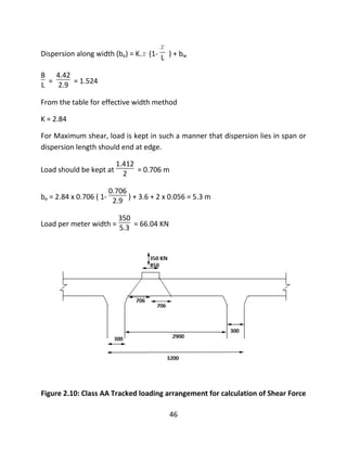 46
Dispersion along width (be) = K.x (1-
x
L ) + bw
B
L =
4.42
2.9 = 1.524
From the table for effective width method
K = 2.84
For Maximum shear, load is kept in such a manner that dispersion lies in span or
dispersion length should end at edge.
Load should be kept at
1.412
2 = 0.706 m
be = 2.84 x 0.706 ( 1-
0.706
2.9 ) + 3.6 + 2 x 0.056 = 5.3 m
Load per meter width =
350
5.3 = 66.04 KN
Figure 2.10: Class AA Tracked loading arrangement for calculation of Shear Force
 