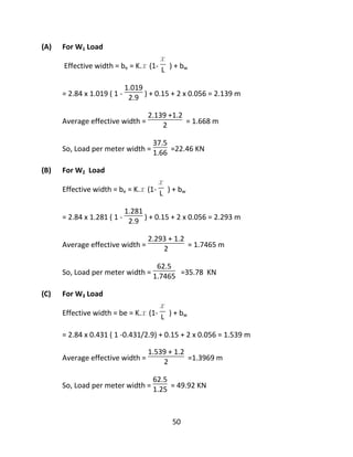 50
(A) For W1 Load
Effective width = be = K.x (1-
x
L ) + bw
= 2.84 x 1.019 ( 1 -
1.019
2.9 ) + 0.15 + 2 x 0.056 = 2.139 m
Average effective width =
2.139 +1.2
2 = 1.668 m
So, Load per meter width =
37.5
1.66 =22.46 KN
(B) For W2 Load
Effective width = be = K.x (1-
x
L ) + bw
= 2.84 x 1.281 ( 1 -
1.281
2.9 ) + 0.15 + 2 x 0.056 = 2.293 m
Average effective width =
2.293 + 1.2
2 = 1.7465 m
So, Load per meter width =
62.5
1.7465 =35.78 KN
(C) For W3 Load
Effective width = be = K.x (1-
x
L ) + bw
= 2.84 x 0.431 ( 1 -0.431/2.9) + 0.15 + 2 x 0.056 = 1.539 m
Average effective width =
1.539 + 1.2
2 =1.3969 m
So, Load per meter width =
62.5
1.25 = 49.92 KN
 