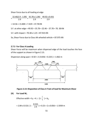 51
Shear Force due to all loading at edge
=
22.46(2.9 - 1.09)
2.9 +
35.78 x 1.281
2.9 +
49.92 x 0.431
2.9
= 14.56 + 15.804 + 7.419 = 37.78 KN
S.F. at other edge = 49.92 + 35.78 + 22.46 – 37.78 = 70. 38 KN
S.F. with impact = 70.38 x 1.25 = 87.915 KN
So, Shear Force due to Class AA wheeled vehicle = 87.975 KN
2.7.3 For Class A Loading
Shear Force will be maximum when dispersed edge of the load touches the face
of the support as shown in Figure 2.13.
Dispersion along span = 0.50 + 2 ( 0.056 + 0.225 ) = 1.062 m
Figure 2.13: Disposition of Class A Train of load for Maximum Shear
(A) For Load W1
Effective width = be = K.x (1-
x
L ) + bw
= 2.84 x 0.531 ( 1 -
0.531
2.9 ) + 0.25 + 2 x 0.056 = 1.5939 m
 