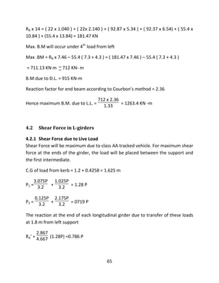 65
RB x 14 = ( 22 x 1.040 ) + ( 22x 2.140 ) + ( 92.87 x 5.34 ) + ( 92.37 x 6.54) + ( 55.4 x
10.84 ) + (55.4 x 13.84) = 181.47 KN
Max. B.M will occur under 4th
load from left
Max .BM = RB x 7.46 – 55.4 ( 7.3 + 4.3 ) = ( 181.47 x 7.46 ) – 55.4 ( 7.3 + 4.3 )
= 711.13 KN m ~ 712 KN- m
B.M due to D.L. = 915 KN-m
Reaction factor for end beam according to Courbon’s method = 2.36
Hence maximum B.M. due to L.L. =
712 x 2.36
1.33 = 1263.4 KN -m
4.2 Shear Force in L-girders
4.2.1 Shear Force due to Live Load
Shear Force will be maximum due to class AA tracked vehicle. For maximum shear
force at the ends of the girder, the load will be placed between the support and
the first intermediate.
C.G of load from kerb = 1.2 + 0.4258 = 1.625 m
P1 =
3.075P
3.2 +
1.025P
3.2 = 1.28 P
P2 =
0.125P
3.2 +
2.175P
3.2 = 0719 P
The reaction at the end of each longitudinal girder due to transfer of these loads
at 1.8 m from left support
RA’ =
2.867
4.667 (1.28P) =0.786 P
 