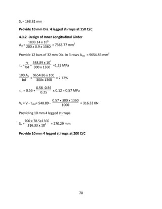 70
Sv = 168.81 mm
Provide 10 mm Dia. 4 legged stirrups at 150 C/C.
4.3.2 Design of Inner Longitudinal Girder
Ast =
1803.14 x 106
200 x 0.9 x 1360 = 7365.77 mm2
Provide 12 bars of 32 mm Dia. in 3 rows Astp = 9654.86 mm2
v =
v
bd =
548.89 x 103
300 x 1360 =1.35 MPa
100 AS
bd =
9654.86 x 100
300x 1360 = 2.37%
c = 0.56 +
0.58 -0.56
0.25 x 0.12 = 0.57 MPa
Vs = V - cbd= 548.89 -
0.57 x 300 x 1360
1000 = 316.33 KN
Providing 10 mm 4 legged stirrups
Sv =
200 x 78.5x1360
316.33 x 103 = 270.29 mm
Provide 10 mm 4 legged stirrups at 200 C/C
 