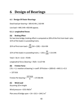 82
6 Design of Bearings
6.1 Design Of Outer Bearings
Dead load per bearing = 309.42 KN ~ 310 KN
Live load = 449.3 KN =450 KN approx.
6.1.1 Longitudinal forces
(A) Braking Effect
for two lane bridge, braking effect is computed as 20% of the first train load + plus
10 % of the loads in succeeding trains.
20 % of first train load =
20
100 (54 + 228) = 56.4 KN
10 % of the loads in succeeding trains. = 136 x
10
100 = 13.6 KN
Total = 56.4 + 13.6 = 70 KN
Longitudinal force /bearing = 70/6 = 11.67 KN
(B) Friction Force
( D.L + L.L reaction at bearing ) × coeff. Of friction = (309.42 + 449.3 ) × 0.3
= 227.616
Friction Per bearing =
227.616
6 = 37.936 KN
(C) Wind Load
Assuming 10 m height
Wind pressure = 0.91 KN/m2
Plan area of bridge span = 14 × 10.3 = 144.2 m2
 
