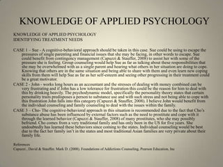 KNOWLEDGE OF APPLIED PSYCHOLOGYKNOWLEDGE OF APPLIED PSYCHOLOGYIDENTIFYING TREATMENT NEEDSCASE 1 – Sue - A cognitive-behavioral approach should be taken in this case. Sue could be using to escape the pressures of single parenting and financial issues that she may be facing, in other words to escape. Sue could benefit from contingency management (Capuzzi & Stauffer, 2008) to assist her with some of the pressure she is feeling. Group counseling would help Sue as far as talking about these responsibilities that she may be overwhelmed with as a single parent and hearing what others in her situation are doing to cope. Knowing that others are in the same situation and being able to share with them and even learn new coping skills from them will help Sue as far as her self-esteem and seeing other progressing in their treatment could be a great motivator. CASE 2 - John - works long hours as an accountant and the stresses of dealing with money combined can be very frustrating and if John has a low tolerance for frustration this could be the reason for him to deal with this by drinking heavily. The psychodynamic model, specifically the personality theory states that certain personality traits predisposes a person to substance use and with such stress and not being able to cope with this frustration John falls into this category (Capuzzi & Stauffer, 2008). I believe John would benefit from the individual counseling and family counseling to deal with the issues within the family. CASE 3 – Cho- The cognitive-behavioral approach in this situation is recommended due to the fact that Cho’s substance abuse has been influenced by external factors such as the need to prostitute and cope with it through the learned behavior (Capuzzi & Stauffer, 2008) of many prostitutes, who she may possibly befriend. Cho comes from a very traditional family and has only been in the US for five years. She undoubtedly has learned these behaviors since coming to the states. Individual counseling would be best due to the fact her family isn’t in the states and most traditional Asian families are very private about their family life. ReferencesCapuzzi , David & Stauffer, Mark D. (2008). Foundations of Addictions Counseling, Pearson Education, Inc