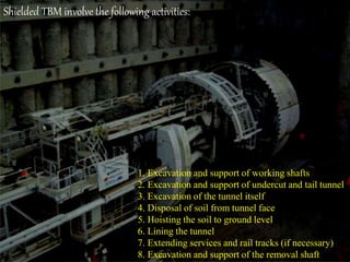 1. Excavation and support of working shafts
2. Excavation and support of undercut and tail tunnel
3. Excavation of the tunnel itself
4. Disposal of soil from tunnel face
5. Hoisting the soil to ground level
6. Lining the tunnel
7. Extending services and rail tracks (if necessary)
8. Excavation and support of the removal shaft
Shielded TBM involve the following activities:
 