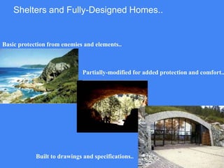 Shelters and Fully-Designed Homes..
Basic protection from enemies and elements..
Partially-modified for added protection and comfort..
Built to drawings and specifications..
 