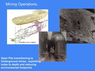 Mining Operations..
Open Pits transitioning to
Underground mines.. exploiting
lodes to depth and reducing
environmental footprints
 