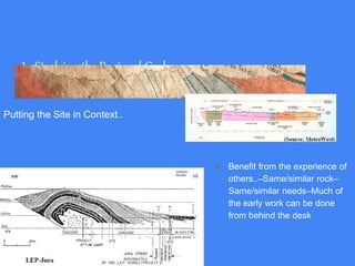 In Studying the Regional Geology
● Benefit from the experience of
others..–Same/similar rock–
Same/similar needs–Much of
the early work can be done
from behind the desk
Putting the Site in Context..
 