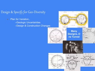 Design & Specify for Geo-Diversity
● Plan for Variation..
–Geologic Uncertainties
–Design & Construction Changes
Many
Designs..O
ne Tunnel
 