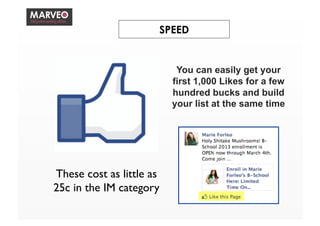 SPEED
You can easily get your
first 1,000 Likes for a few
hundred bucks and build
your list at the same time
These cost as little as
25c in the IM category	

 