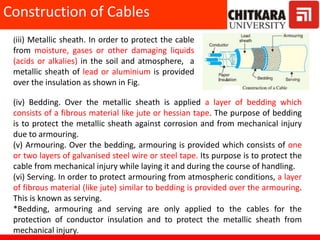 Construction of Cables
(iii) Metallic sheath. In order to protect the cable
from moisture, gases or other damaging liquids...
