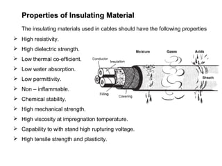 Properties of Insulating MaterialProperties of Insulating Material
The insulating materials used in cables should have the following properties
 High resistivity.
 High dielectric strength.
 Low thermal co-efficient.
 Low water absorption.
 Low permittivity.
 Non – inflammable.
 Chemical stability.
 High mechanical strength.
 High viscosity at impregnation temperature.
 Capability to with stand high rupturing voltage.
 High tensile strength and plasticity.
 
