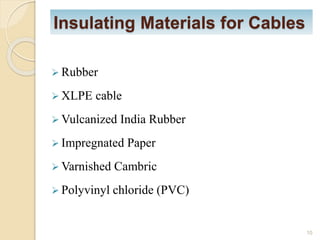 Insulating Materials for Cables
 Rubber
 XLPE cable
 Vulcanized India Rubber
 Impregnated Paper
 Varnished Cambric
 Polyvinyl chloride (PVC)
10
 