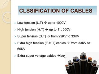 CLSSIFICATION OF CABLES
 Low tension (L.T)  up to 1000V
 High tension (H.T)  up to 11, 000V
 Super tension (S.T)  from 22KV to 33KV
 Extra high tension (E.H.T) cables  from 33KV to
66KV
 Extra super voltage cables beyond 132KV
6
 