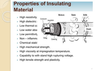 Properties of Insulating
Material
 High resistivity.
 High dielectric strength.
 Low thermal co-efficient.
 Low water absorption.
 Low permittivity.
 Non – inflammable.
 Chemical stability.
 High mechanical strength.
 High viscosity at impregnation temperature.
 Capability to with stand high rupturing voltage.
 High tensile strength and plasticity.
7
 
