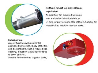 Jet thrust fan, jet fan, jet vent fan or
impulse fan:
An axial flow fan mounted within an
inlet and outlet cylindrical silencer.
jet fans canprovide up to 50N of thrust. Suitable for
most small to medium sized car parks.
Induction fan:
A centrifugal fan with an air inlet
positioned beneath the body of the fan
and discharging through a reduced size
opening, induction fans can provide up
to 100N of thrust.
Suitable for medium to large car parks,
 