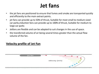 Jet fans
• the jet fans are positioned to ensure that fumes and smoke are transported quickly
and efficiently to the main extract points.
• jet fans can provide up to 50N of thrust, Suitable for most small to medium sized
car parks,induction fans can provide up to 100N of thrust, Suitable for medium to
large car parks
• Jetfans are flexible and can be adapted to suit changes in the use of space.
• the transferred volume of air being several times greater than the actual flow
volume of the fan.
Velocity profile of Jet Fan
 