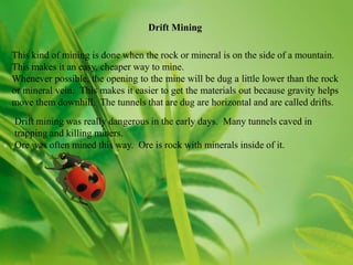 Drift Mining

This kind of mining is done when the rock or mineral is on the side of a mountain.
This makes it an easy, cheaper way to mine.
Whenever possible, the opening to the mine will be dug a little lower than the rock
or mineral vein. This makes it easier to get the materials out because gravity helps
move them downhill. The tunnels that are dug are horizontal and are called drifts.
Drift mining was really dangerous in the early days. Many tunnels caved in
trapping and killing miners.
Ore was often mined this way. Ore is rock with minerals inside of it.
 