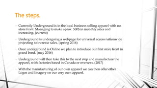 • Currently Underground is in the local business selling apparel with no
store front. Managing to make aprox. 500$ in monthly sales and
increasing. (current)
• Underground is undergoing a webpage for universal access nationwide
projecting to increase sales. (spring 2016)
• Once underground is Online we plan to introduce our first store front in
grand bend. (may 2016)
• Underground will then take this to the next step and manufacture the
apparel, with factories based in Canada or overseas. (2017)
• With the manufacturing of our own apparel we can then offer other
Logos and Imagery on our very own apparel.
The steps.
 