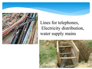 Lines for telephones,
Electricity distribution,
water supply mains
 