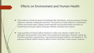 Effects on Environment and Human Health
 Total coliforms should be absent immediately after disinfection, and the presence of these
organisms indicates inadequate treatment. The presence of total coliforms in distribution
systems and stored water supplies reveal regrowth and possible biofilm formation or
contamination through ingress of foreign material, including soil or plants.
 Large quantities of Faecal coliform bacteria in water may indicate a higher risk of
pathogens being present in the water. Some waterborne pathogenic diseases include ear
infections, dysentery, typhoid fever, viral and bacterial gastroenteritis, and hepatitis A. The
presence of faecal coliform tends to affect humans more than it does aquatic creatures.
 