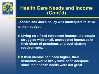 Perceptions about Coverage (Cont’d)One excluded a pre-existing condition. “I pay a monthly premium for nothing really    because I still have to pay for all my insulin and     doctor visits,”  Bob said… “I can’t live without my     insulin. I would literally die without it.”