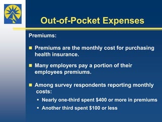 Health Care Needs and Income (Cont’d)Carol’s coverage was inadequate relative to her  health care needs. She described her insurance as “really good.” But what she was paying to treat her multiple, chronic conditions was more than she could afford. “It is really good coverage. It’s just that I have    many conditions and when you go [to the doctor]    constantly,  it really starts adding up.”