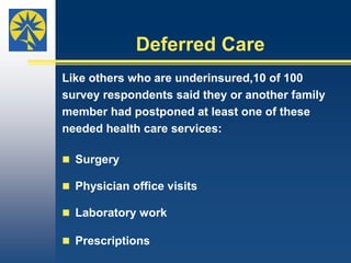Medical Debt (Cont’d) People interviewed said they did what they could to pay their medical debt:  Attempted to make payment plans with providers and made payments Sought financial counseling  